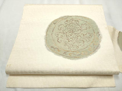 平和屋着物▽九寸名古屋帯 スリーシーズン 春夏秋 櫛織 絵皿花文 金糸 正絹 逸品 CABE0042hy
