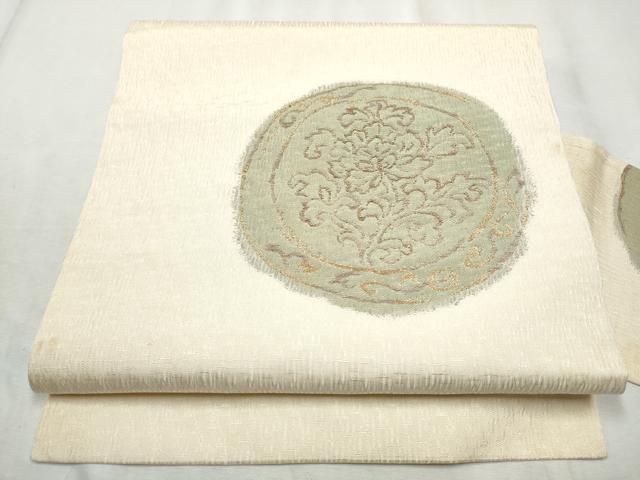 平和屋着物▽九寸名古屋帯 スリーシーズン 春夏秋 櫛織 絵皿花文 金糸 正絹 逸品 CABE0042hy