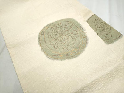 平和屋着物▽九寸名古屋帯 スリーシーズン 春夏秋 櫛織 絵皿花文 金糸 正絹 逸品 CABE0042hy