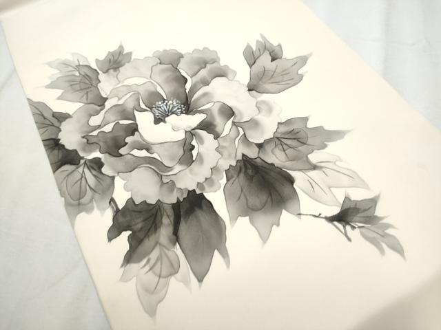 平和屋着物●塩瀬　九寸名古屋帯　作家物　手描き　牡丹　正絹　逸品　CABE0043hy