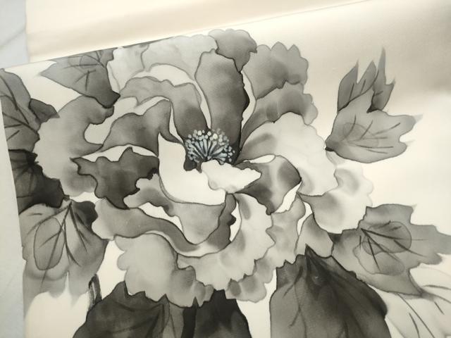 平和屋着物●塩瀬　九寸名古屋帯　作家物　手描き　牡丹　正絹　逸品　CABE0043hy