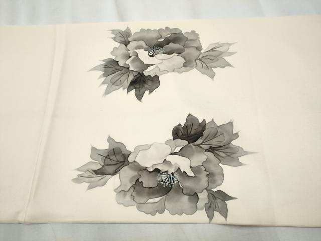 平和屋着物●塩瀬　九寸名古屋帯　作家物　手描き　牡丹　正絹　逸品　CABE0043hy