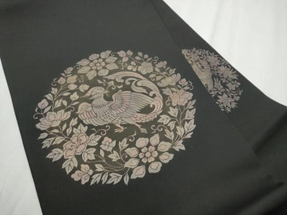 平和屋着物●金彩友禅　卓越技能者・名工・和田光正　塩瀬　九寸名古屋帯　花喰鳥　黒地　金彩　正絹　逸品　CABE0047hy