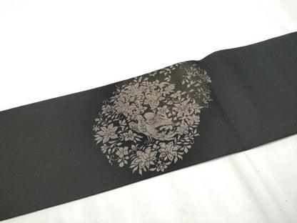 平和屋着物●金彩友禅　卓越技能者・名工・和田光正　塩瀬　九寸名古屋帯　花喰鳥　黒地　金彩　正絹　逸品　CABE0047hy