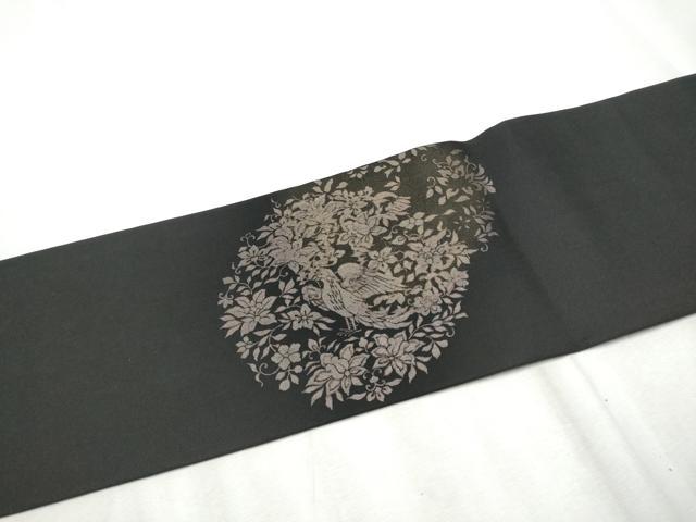 平和屋着物●金彩友禅　卓越技能者・名工・和田光正　塩瀬　九寸名古屋帯　花喰鳥　黒地　金彩　正絹　逸品　CABE0047hy