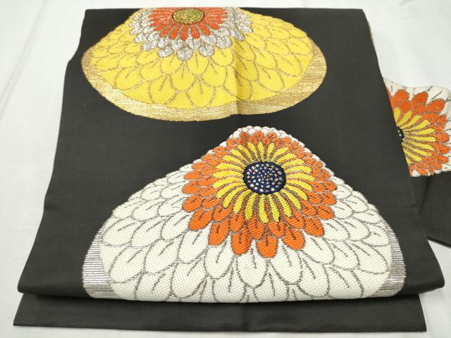 平和屋着物●龍村美術織物　龍村製　九寸名古屋帯　一煌菊　黒地　金銀糸　正絹　逸品　CABE0055hy
