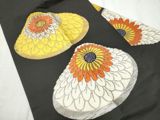 平和屋着物●龍村美術織物　龍村製　九寸名古屋帯　一煌菊　黒地　金銀糸　正絹　逸品　CABE0055hy