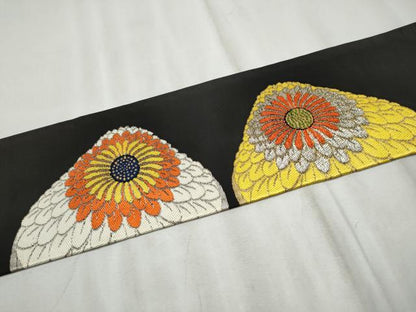 平和屋着物●龍村美術織物　龍村製　九寸名古屋帯　一煌菊　黒地　金銀糸　正絹　逸品　CABE0055hy