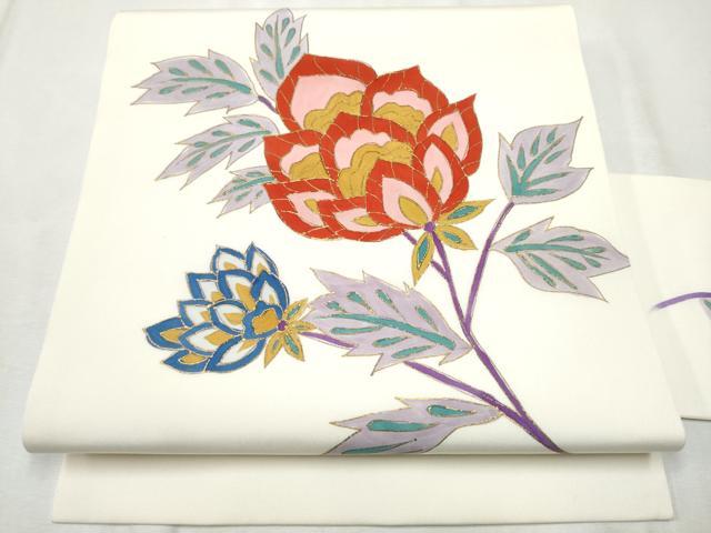 平和屋着物●塩瀬　九寸名古屋帯　作家物　更紗枝花文　金彩　正絹　逸品　CABE0057hy