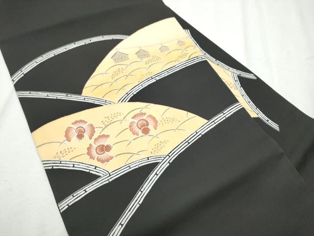 平和屋着物●染色工芸作家　田内康近　塩瀬　九寸名古屋帯　ふくら雀　稲穂　黒地　金彩　正絹　逸品　CABE0058hy