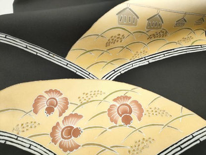 平和屋着物●染色工芸作家　田内康近　塩瀬　九寸名古屋帯　ふくら雀　稲穂　黒地　金彩　正絹　逸品　CABE0058hy