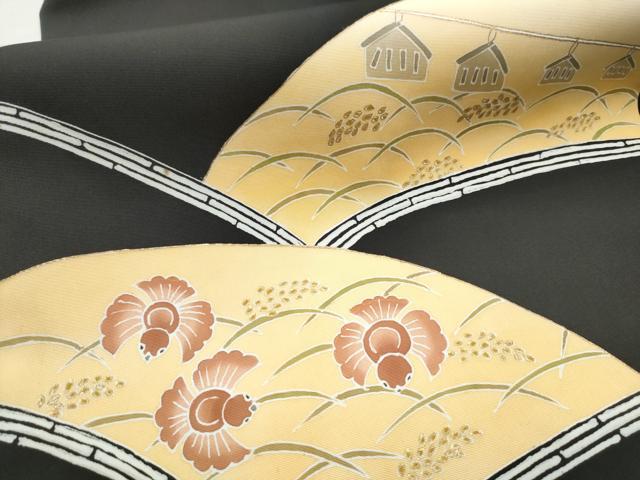 平和屋着物●染色工芸作家　田内康近　塩瀬　九寸名古屋帯　ふくら雀　稲穂　黒地　金彩　正絹　逸品　CABE0058hy