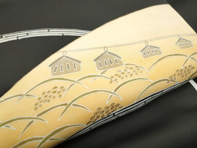 平和屋着物●染色工芸作家　田内康近　塩瀬　九寸名古屋帯　ふくら雀　稲穂　黒地　金彩　正絹　逸品　CABE0058hy