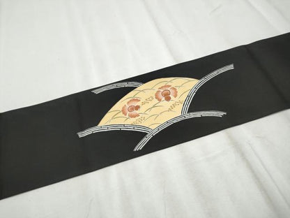 平和屋着物●染色工芸作家　田内康近　塩瀬　九寸名古屋帯　ふくら雀　稲穂　黒地　金彩　正絹　逸品　CABE0058hy