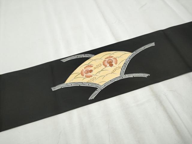 平和屋着物●染色工芸作家　田内康近　塩瀬　九寸名古屋帯　ふくら雀　稲穂　黒地　金彩　正絹　逸品　CABE0058hy