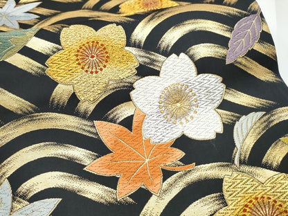 平和屋着物●田中工芸織物 祥園謹製　六通柄袋帯　唐織　流水舞桜文　黒地　金銀糸　正絹　逸品　CABE0080hy