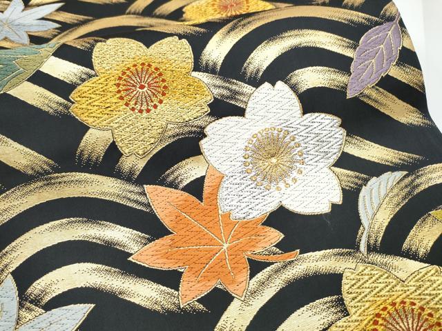 平和屋着物●田中工芸織物 祥園謹製　六通柄袋帯　唐織　流水舞桜文　黒地　金銀糸　正絹　逸品　CABE0080hy