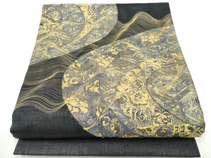 平和屋着物▽名門 しょうざん 生紬 紙屋川伝承 絹漉貴 太鼓柄 京袋帯 スリーシーズン 春夏秋 幾何学花文 黒地 金糸 正絹 逸品 CABE0096hy