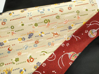 平和屋着物●九寸名古屋帯　唐織　切嵌　宝尽くし文　黒地　金糸　正絹　逸品　CABE0118hy