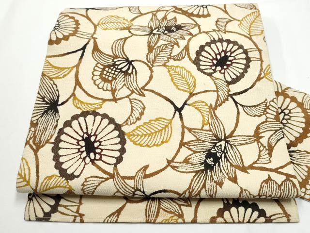 平和屋着物●全通柄　九寸名古屋帯　型染め　更紗花唐草文　鬼しぼ縮緬　正絹　逸品　CABE0119hy