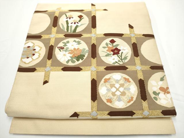 平和屋着物●爪掻き本綴れ　八寸名古屋帯　格子草花丸文　金糸　正絹　逸品　CABE0123hy