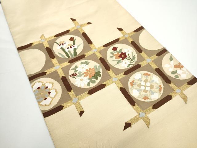 平和屋着物●爪掻き本綴れ　八寸名古屋帯　格子草花丸文　金糸　正絹　逸品　CABE0123hy