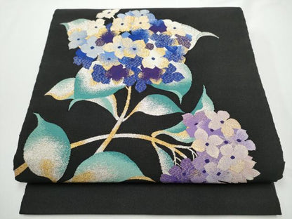 平和屋着物●爪掻き本綴れ　八寸名古屋帯　紫陽花　黒地　金銀糸　正絹　逸品　CABE0134hy