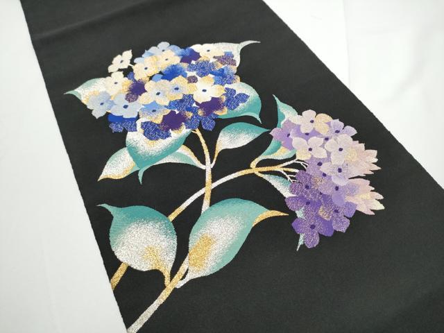 平和屋着物●爪掻き本綴れ　八寸名古屋帯　紫陽花　黒地　金銀糸　正絹　逸品　CABE0134hy