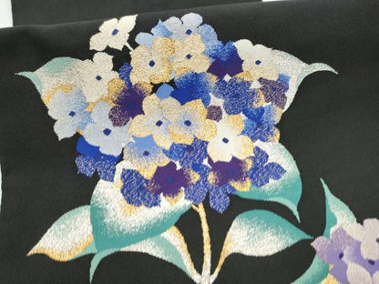 平和屋着物●爪掻き本綴れ　八寸名古屋帯　紫陽花　黒地　金銀糸　正絹　逸品　CABE0134hy