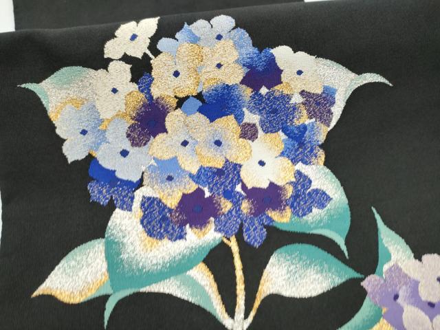 平和屋着物●爪掻き本綴れ　八寸名古屋帯　紫陽花　黒地　金銀糸　正絹　逸品　CABE0134hy