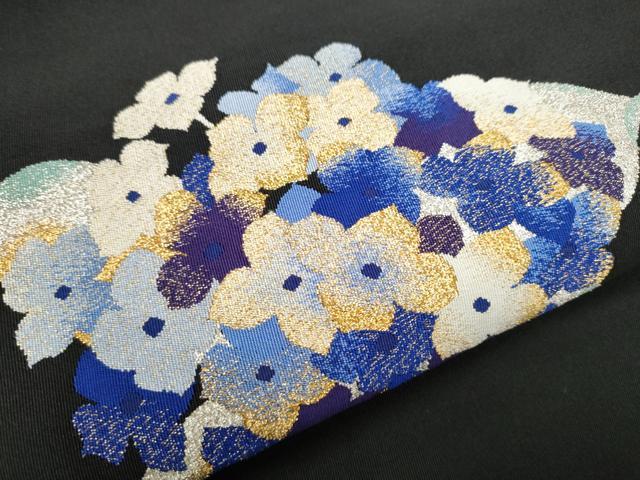 平和屋着物●爪掻き本綴れ　八寸名古屋帯　紫陽花　黒地　金銀糸　正絹　逸品　CABE0134hy