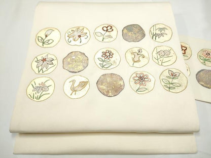 平和屋着物●塩瀬　九寸名古屋帯　花鳥丸文　金彩　正絹　逸品　CABE0146hy