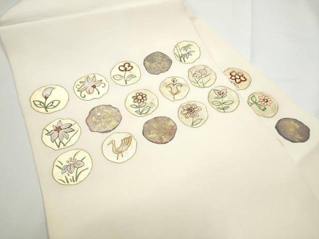 平和屋着物●塩瀬　九寸名古屋帯　花鳥丸文　金彩　正絹　逸品　CABE0146hy