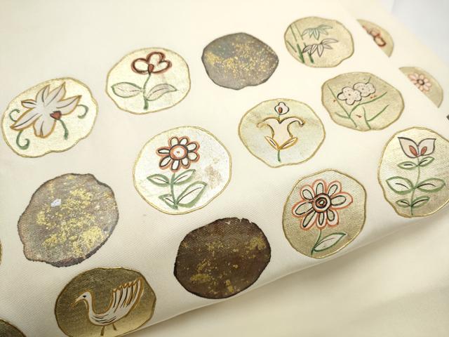平和屋着物●塩瀬　九寸名古屋帯　花鳥丸文　金彩　正絹　逸品　CABE0146hy