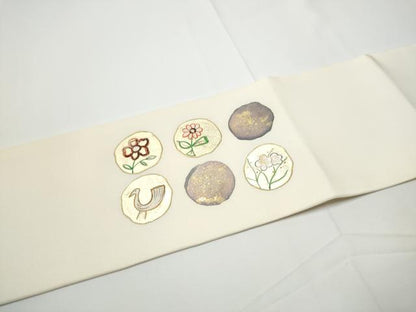 平和屋着物●塩瀬　九寸名古屋帯　花鳥丸文　金彩　正絹　逸品　CABE0146hy