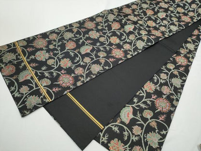 平和屋着物●織物一筋名門　織悦　全通柄　本袋帯　更紗花唐草文　黒地　金糸　正絹　逸品　CABE0152hy