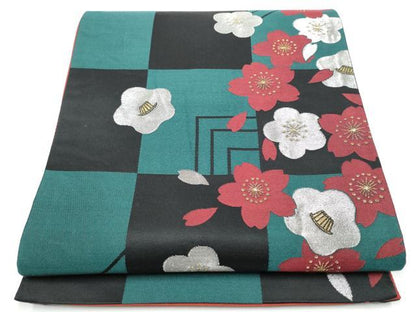 平和屋着物●六通柄袋帯　市松舞花文　金通し地　正絹　逸品　CABE0153hy