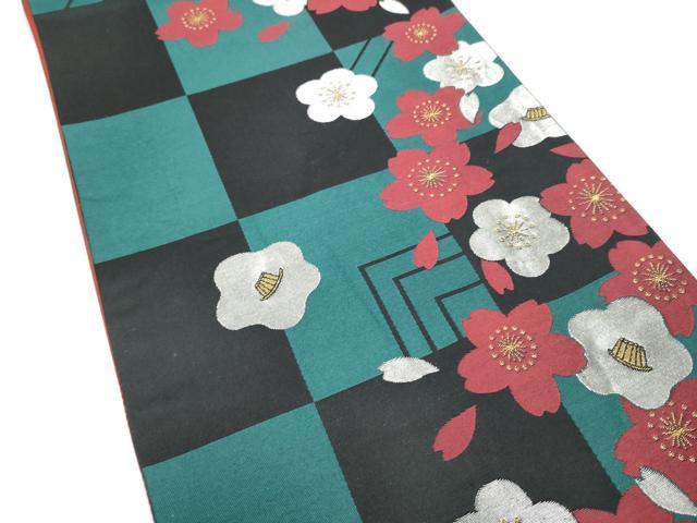 平和屋着物●六通柄袋帯　市松舞花文　金通し地　正絹　逸品　CABE0153hy