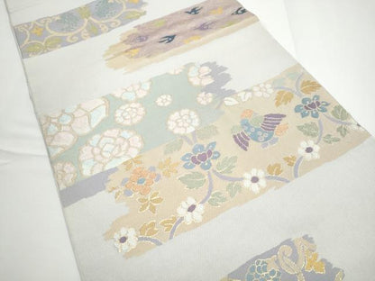 平和屋着物●京都の和装業の老舗一門　千切屋　六通柄　本袋帯　切金錦　霞花鳥文　金糸　正絹　逸品　CABE0155hy
