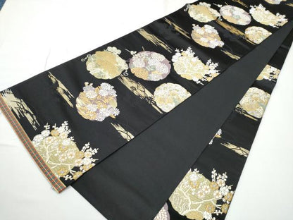 平和屋着物●西陣　岡文織物謹製　六通柄袋帯　唐織　作家物　本金迎迎賓蒔絵　黒地　金糸　金糸　正絹　逸品　CABE0190hy