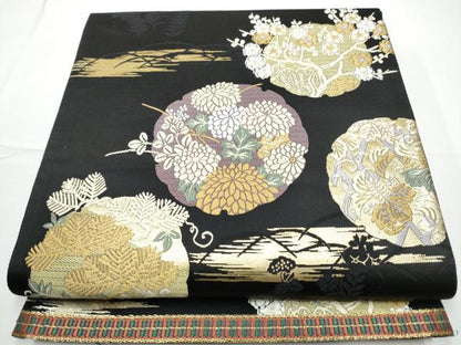 平和屋着物●西陣　岡文織物謹製　六通柄袋帯　唐織　作家物　本金迎迎賓蒔絵　黒地　金糸　金糸　正絹　逸品　CABE0190hy