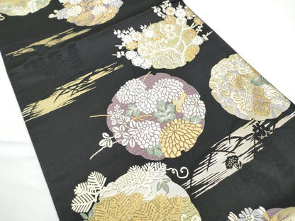 平和屋着物●西陣　岡文織物謹製　六通柄袋帯　唐織　作家物　本金迎迎賓蒔絵　黒地　金糸　金糸　正絹　逸品　CABE0190hy