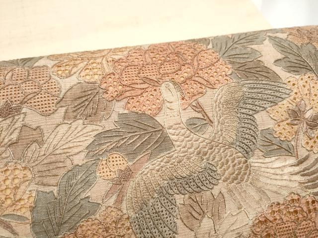 平和屋着物●中国三大刺繍　スワトウ相良刺繍　総刺繍　太鼓柄袋帯　紬地　花鳥文　正絹　逸品　CABE0230hy