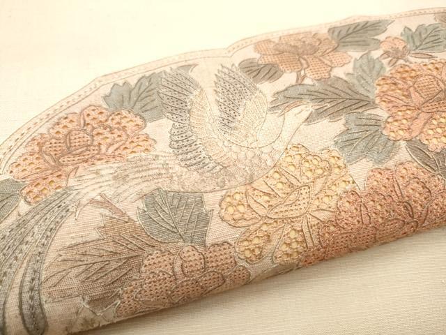 平和屋着物●中国三大刺繍　スワトウ相良刺繍　総刺繍　太鼓柄袋帯　紬地　花鳥文　正絹　逸品　CABE0230hy
