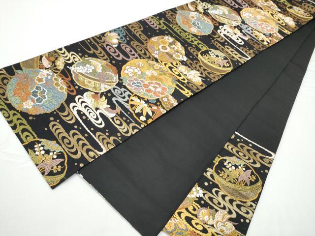 平和屋着物●六通柄袋帯　唐織　鴛鴦花丸文　黒地　金糸　正絹　逸品　CABE0240hy