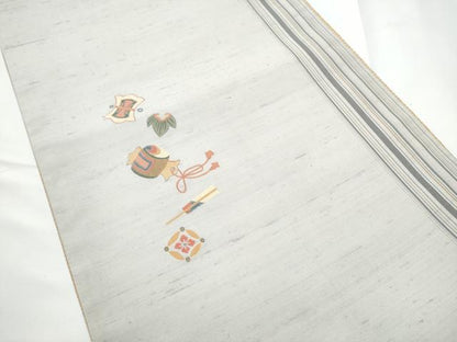平和屋着物●京の名門・菱屋六右ェ門　両面　全通柄袋帯　紬地　宝尽くし文　長尺　正絹　逸品　CABE0241hy