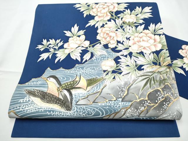 平和屋着物●塩瀬　九寸名古屋帯　流水鴛鴦花文　金彩　正絹　逸品　CABE0242hy