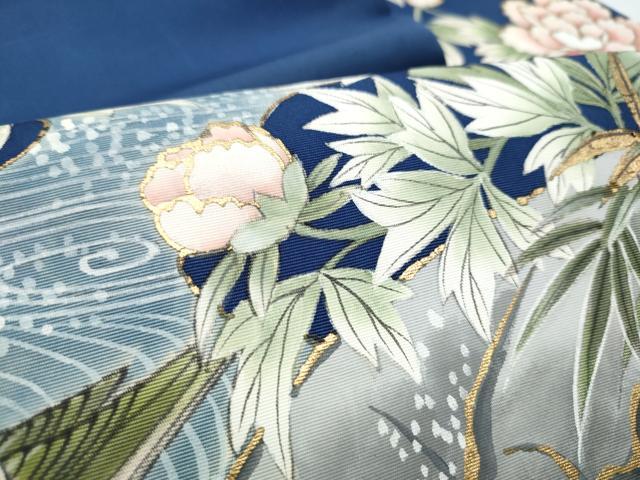 平和屋着物●塩瀬　九寸名古屋帯　流水鴛鴦花文　金彩　正絹　逸品　CABE0242hy