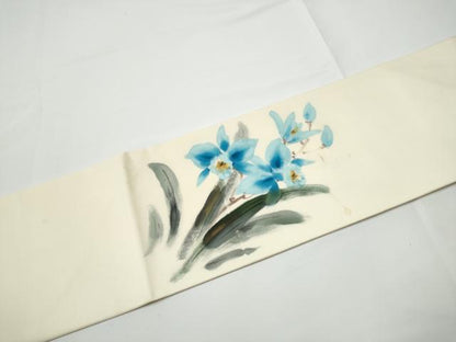 平和屋着物●塩瀬　九寸名古屋帯　作家物　手描き　草花文　正絹　逸品　CABE0247hy