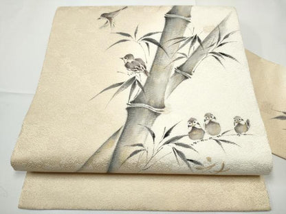 平和屋着物●九寸名古屋帯　作家物　手描き　笹竹鳥文　雀　猫　金彩　正絹　逸品　CABE0250hy